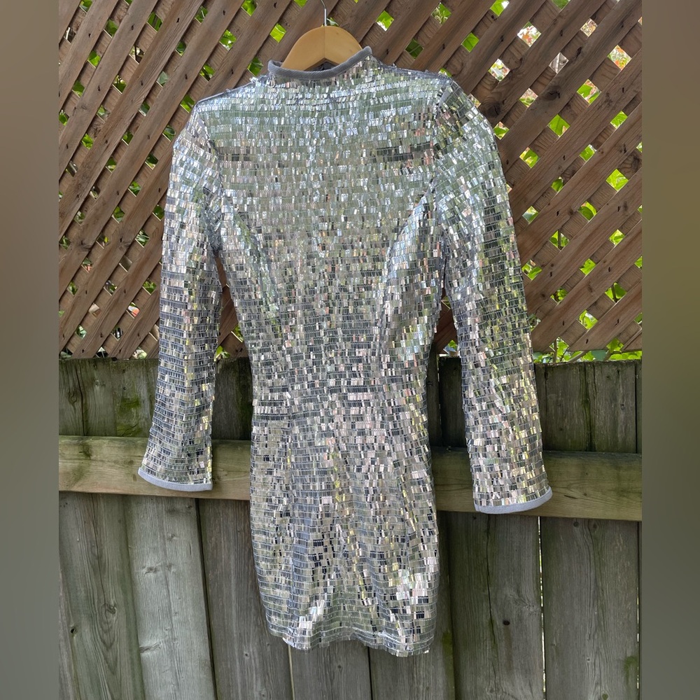 Pretty Little Thing NWT Petite Silver Sequin Shoulder Pad Micro Mini Dress